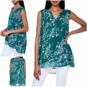 Christina B. Sleeveless Green Tunic Top with Spruce Cherry Blossoms